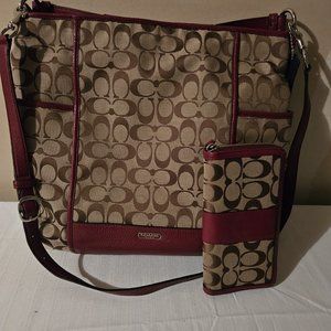 Tan and Red Coach purse and wallet previously used